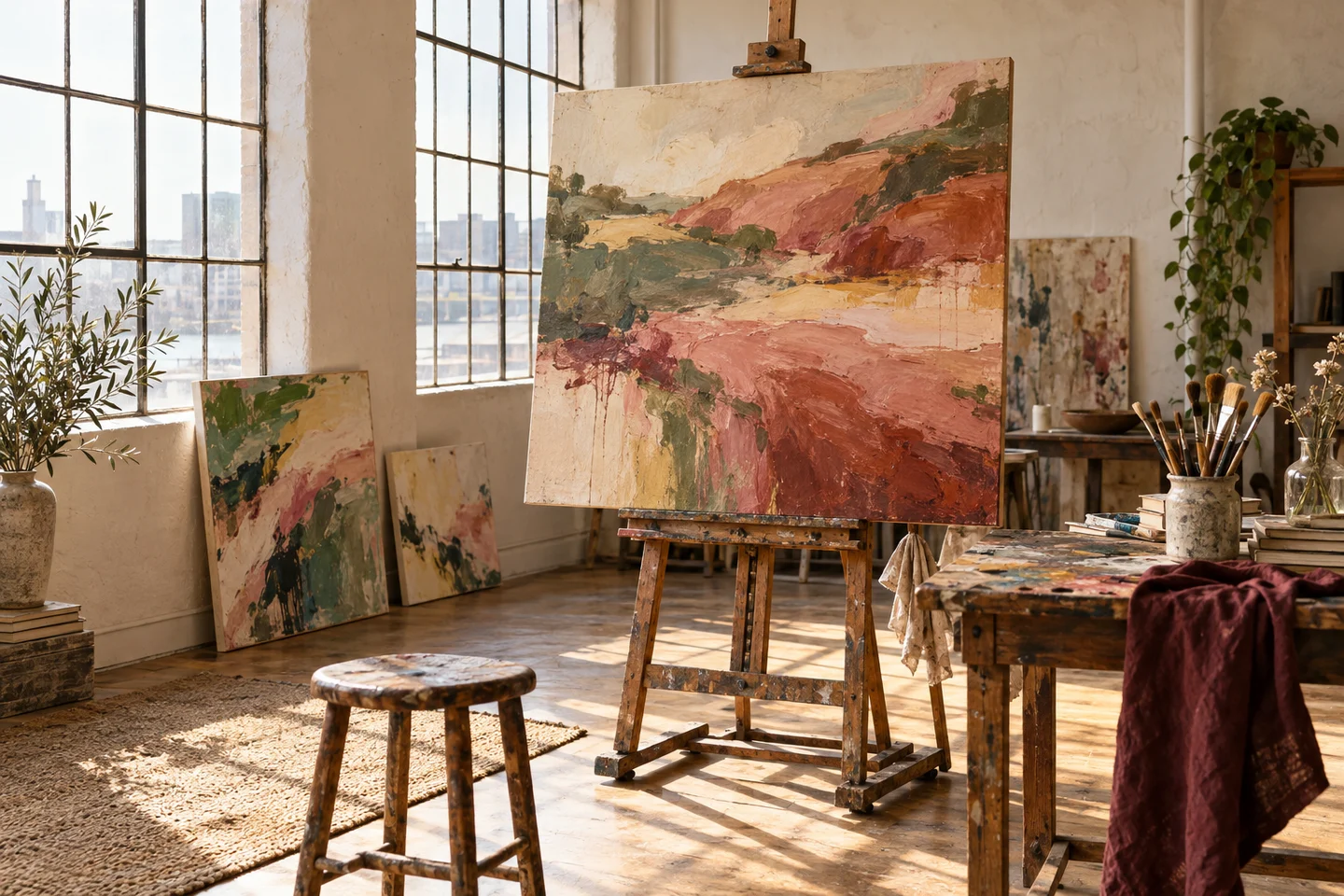 A sunlit painting studio with abstract canvases, brushes, and an easel