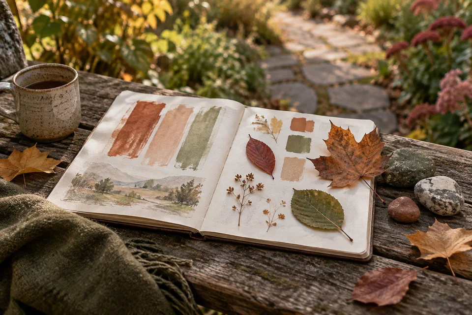 Artist’s sketchbook with earthy color swatches, leaves and stones
