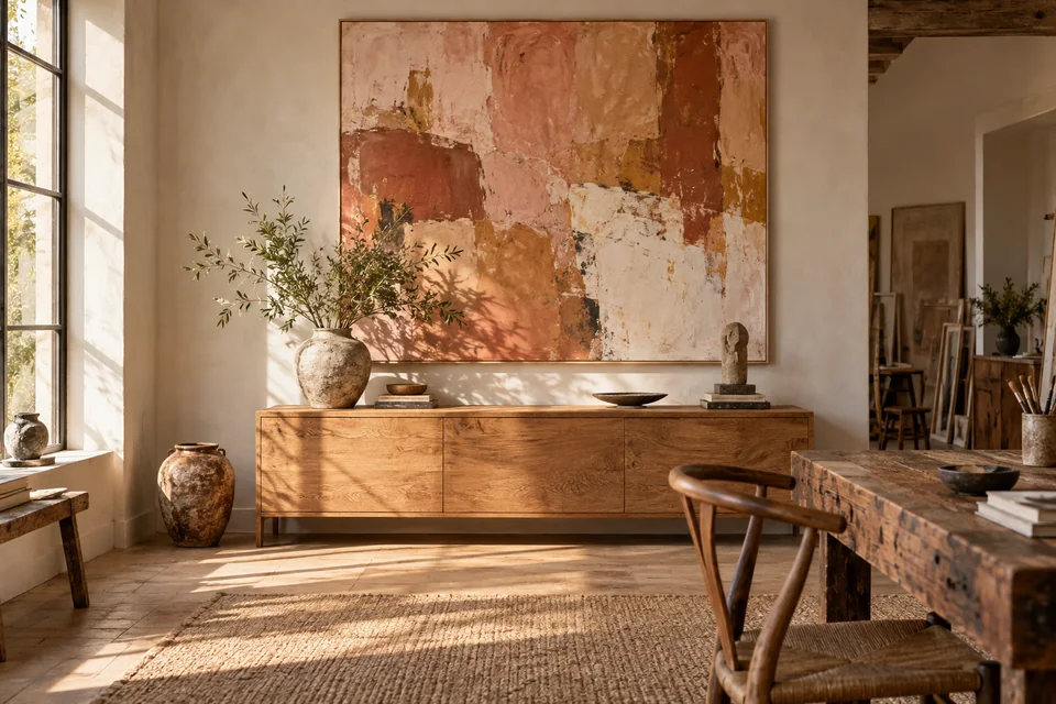 Terracotta abstract painting above an oak console in a sunlit room