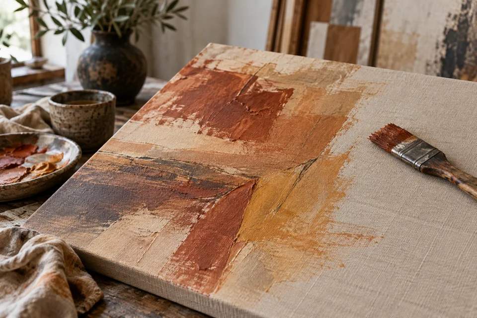 Terracotta and ochre brushwork meeting the unfinished linen edge of a canvas